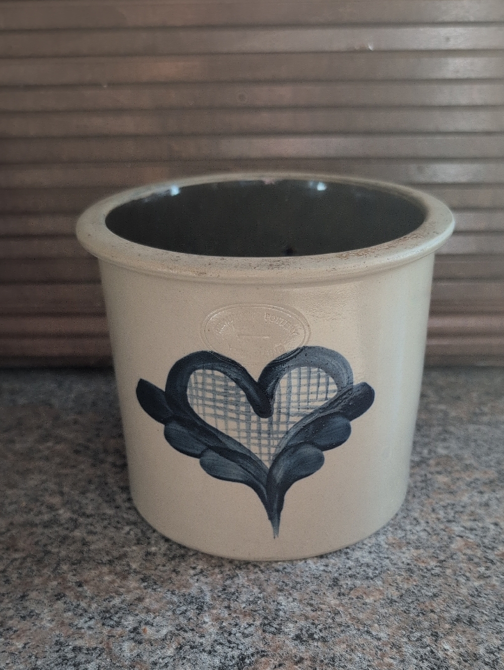1988 Beaumont Pottery Salt Glaze Stoneware Crock Cobalt Heart & Plume